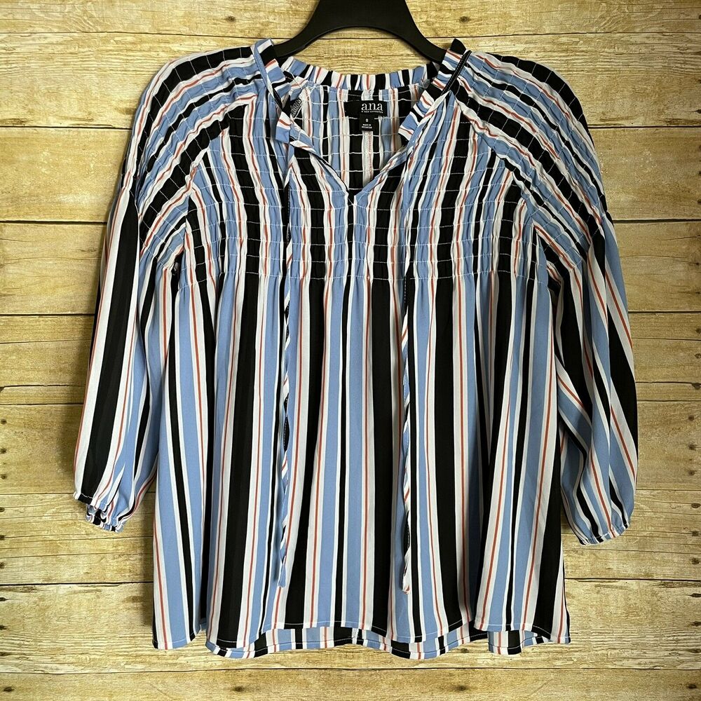 A.N.A. Blue & Black Striped Smocked Neck Blouse - Size Small - 3/4 Length Sleeve